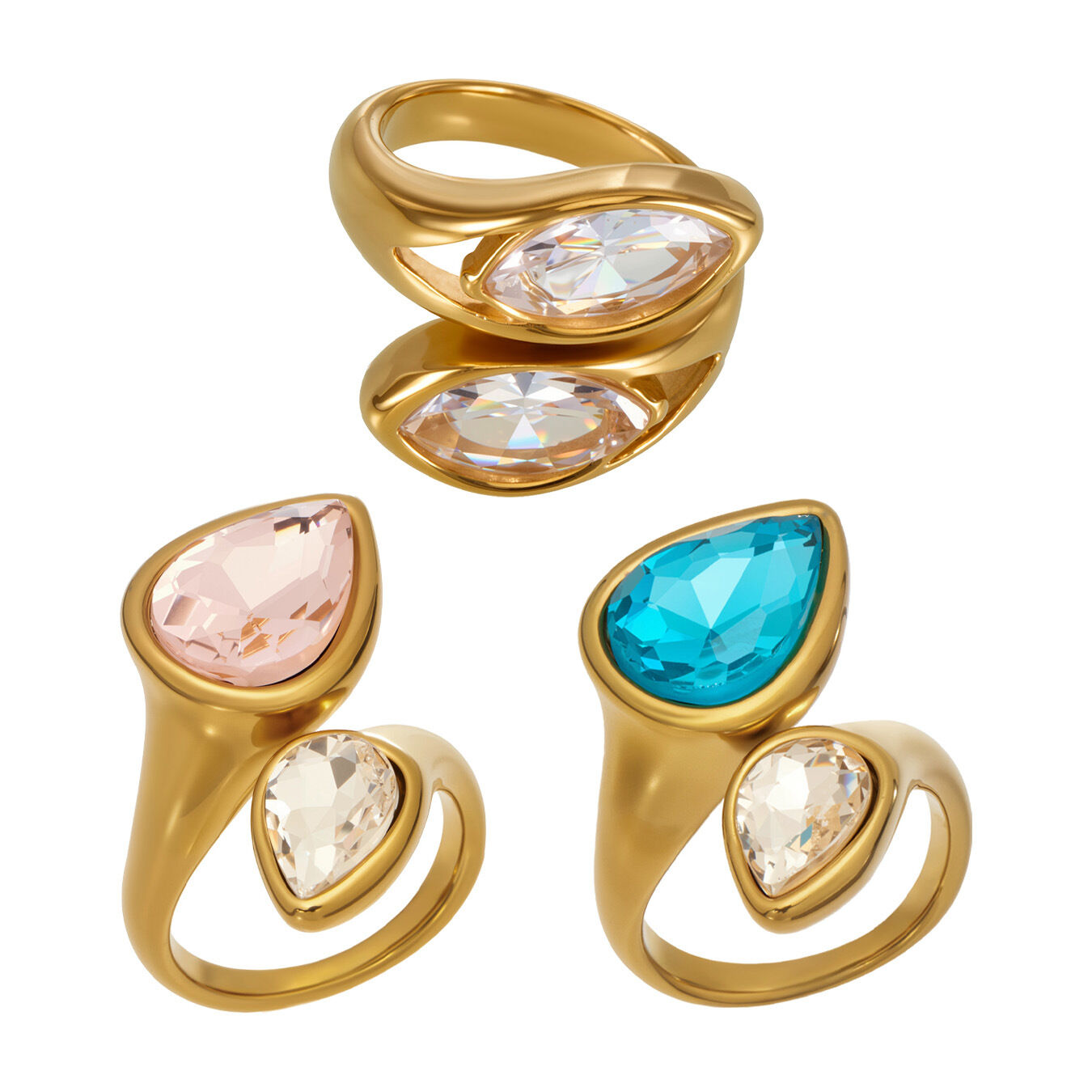 Luxurious Simple Droplet Stainless Steel Waterproof Gold Color Zircon Glass Women's Gemstone Rings Picture4