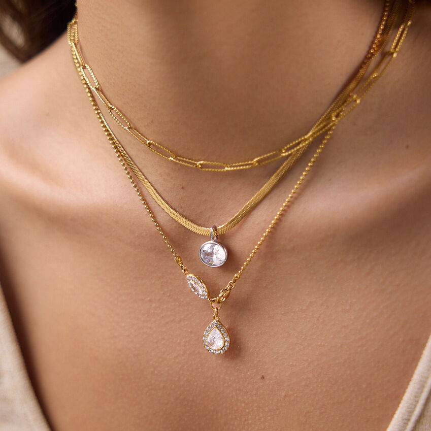 Simple Droplet Ellipse Shape Stainless Steel Waterproof Gold Color Zircon Women's Pendant Necklaces
