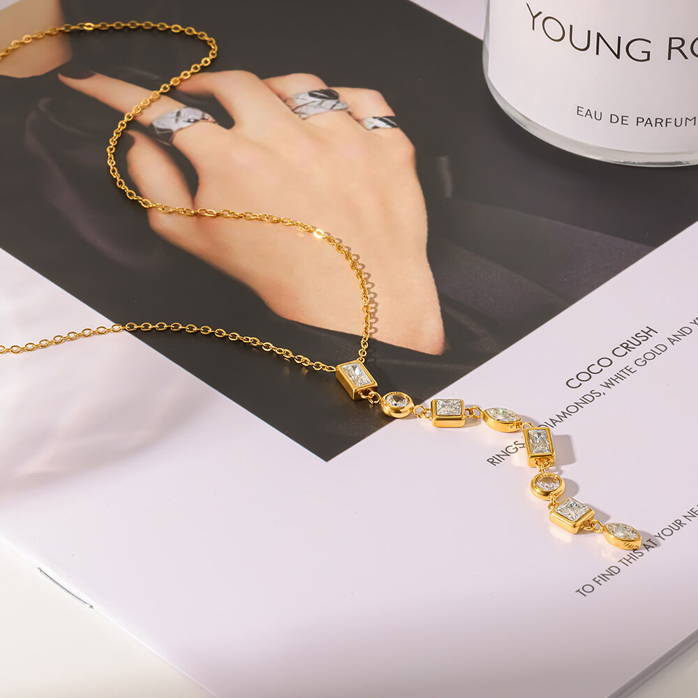 Simple Series Elegant Geometric Shape Stainless Steel Waterproof Gold Color Zircon Women's Pendant Necklaces h5 Picture2