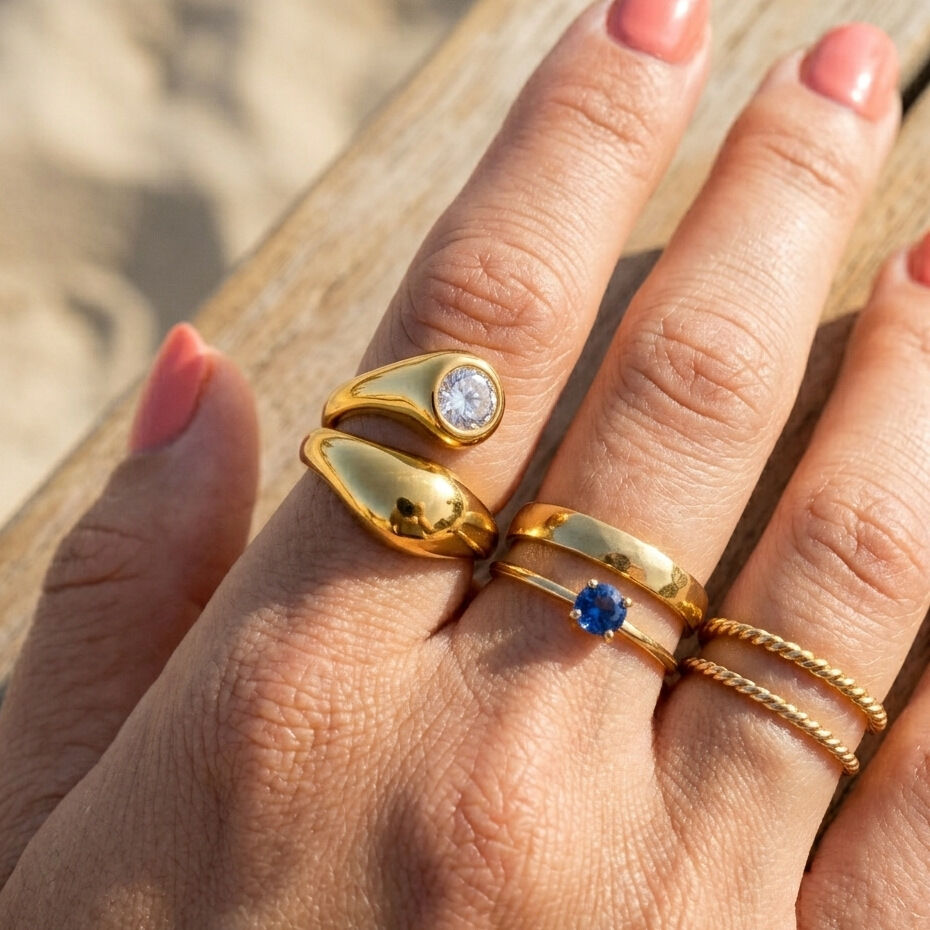 Simple Irregular Shape Stainless Steel Waterproof Gold Color Zircon Women's Gemstone Rings