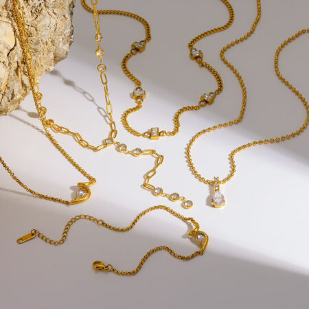 Elegant Geometric Shape Stainless Steel Waterproof Gold Color Rhinestone Women's Chain Necklaces
