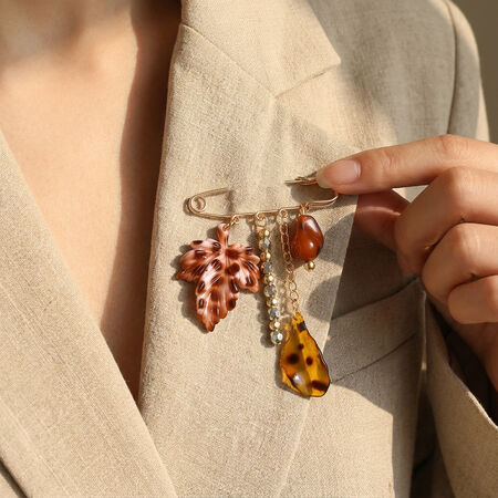 Simple Series Retro Leopard Print Beads Chain Leaf Alloy Brooches
