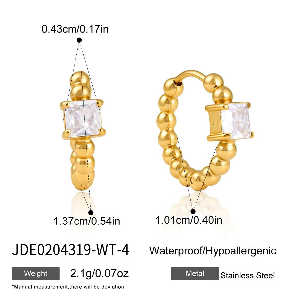 Schlichte rechteckige, wasserdichte Edelstahl-Ohrringe in Goldfarbe mit Zirkonia für Damen 