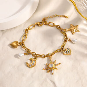 Simple Series Retro Sun Star Moon Stainless Steel Waterproof Gold Color Women's Charm Bracelets h5 Picture3