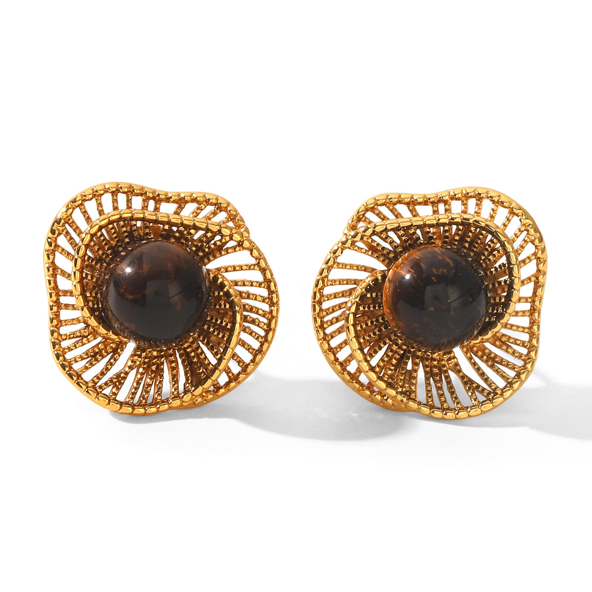 Simple Retro Irregular Shape Ellipse Shape Stainless Steel Waterproof Gold Color Natural Stone Women's Stud Earrings h5