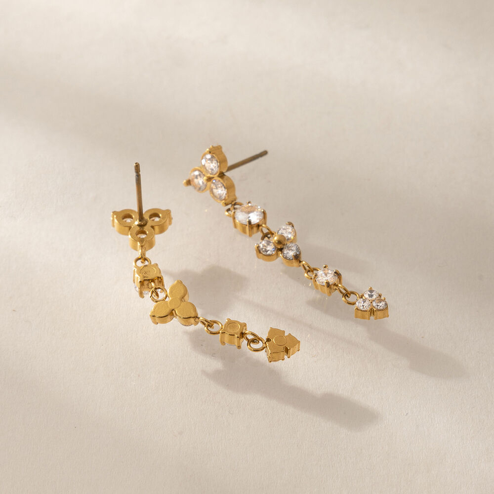 Romantic Series Elegant Flower Tassel Stainless Steel Waterproof Gold Color Zircon Women's Dangle Earrings Picture3