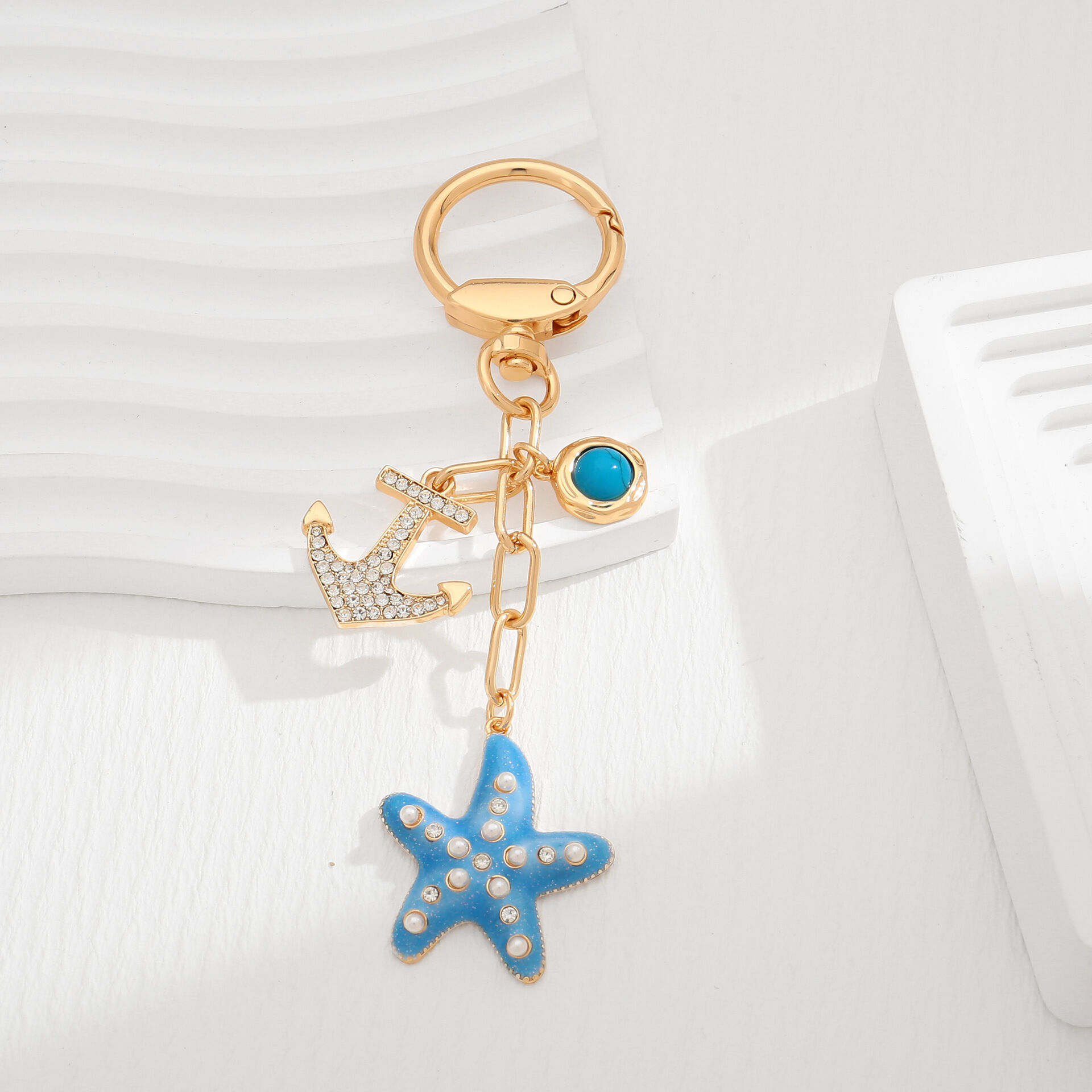 Simple Series Vacation Oceanic Style Chain Starfish Alloy Rhinestone Keychain