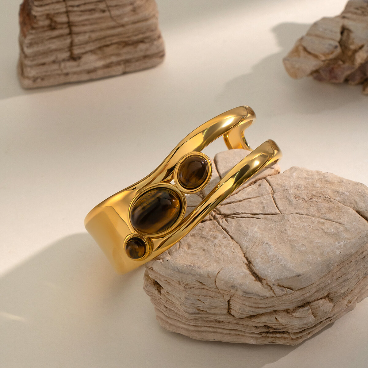 Geometric Shape Stainless Steel Waterproof Gold Color Natural Stone Women's Cuff Bracelets h5 Picture6