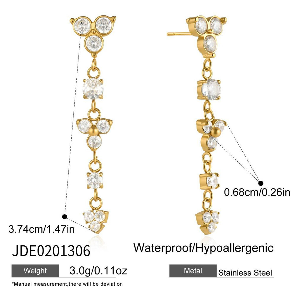 Romantic Series Elegant Flower Tassel Stainless Steel Waterproof Gold Color Zircon Women's Dangle Earrings