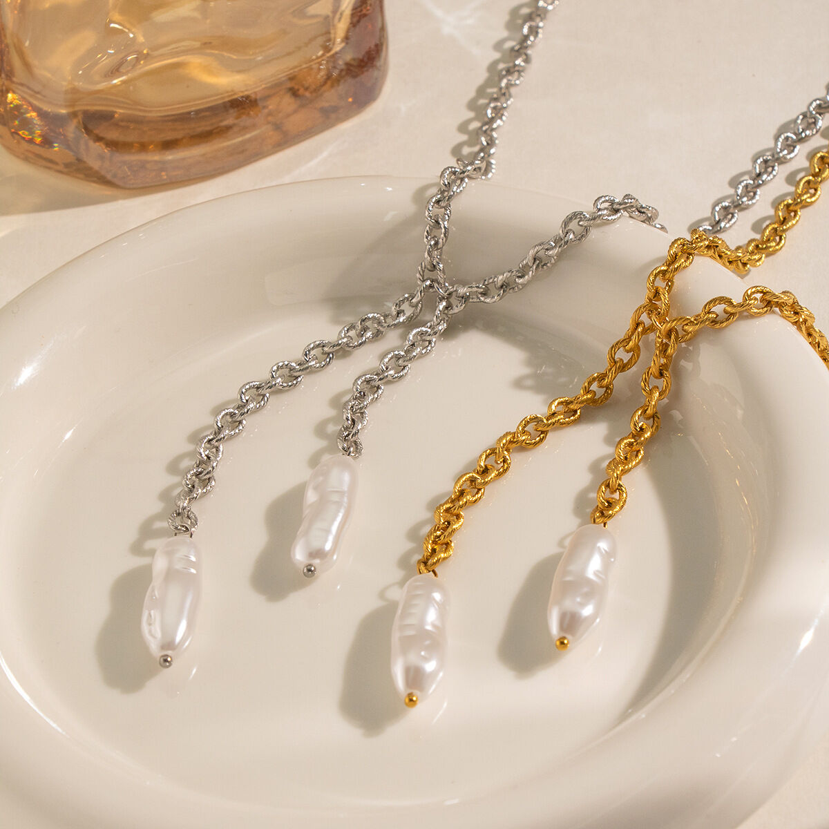 Tassel Stainless Steel Waterproof Gold Color Pearl Women's Pendant Necklaces
