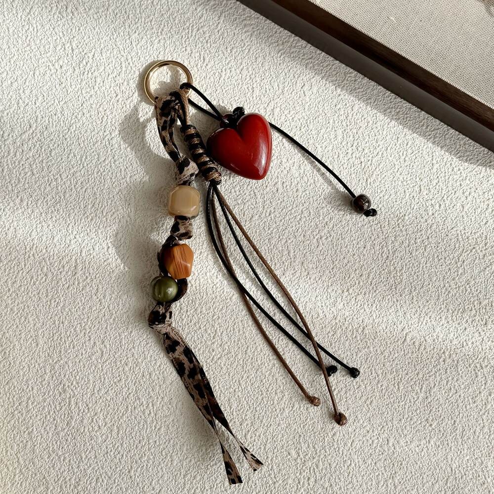 Romantic Series Retro Irregular Shape Heart Leopard Print Woven Acrylic Bag Charms h5Picture3