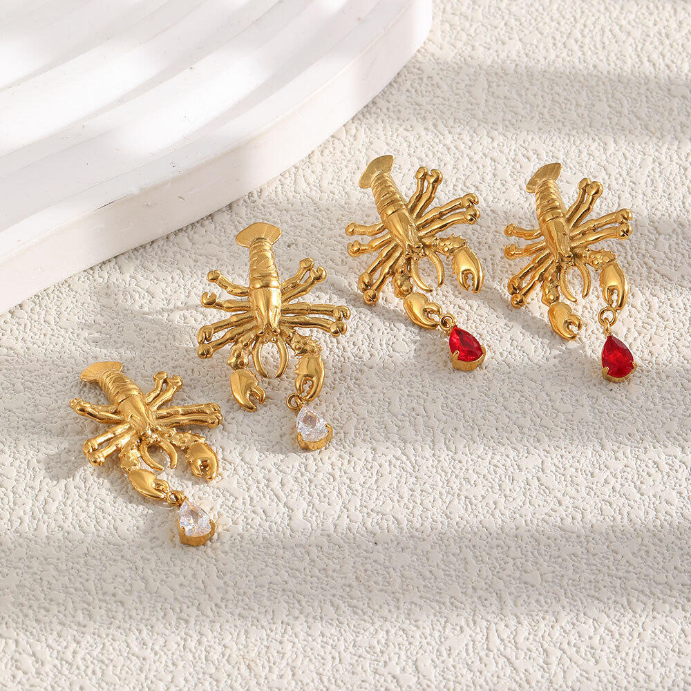 Vacation Oceanic Style Lobster Shape Stainless Steel Waterproof Gold Color Zircon Women's Stud Earrings 2