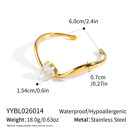 Line Shape Stainless Steel Waterproof Gold Color Zircon Women's Cuff Bracelets