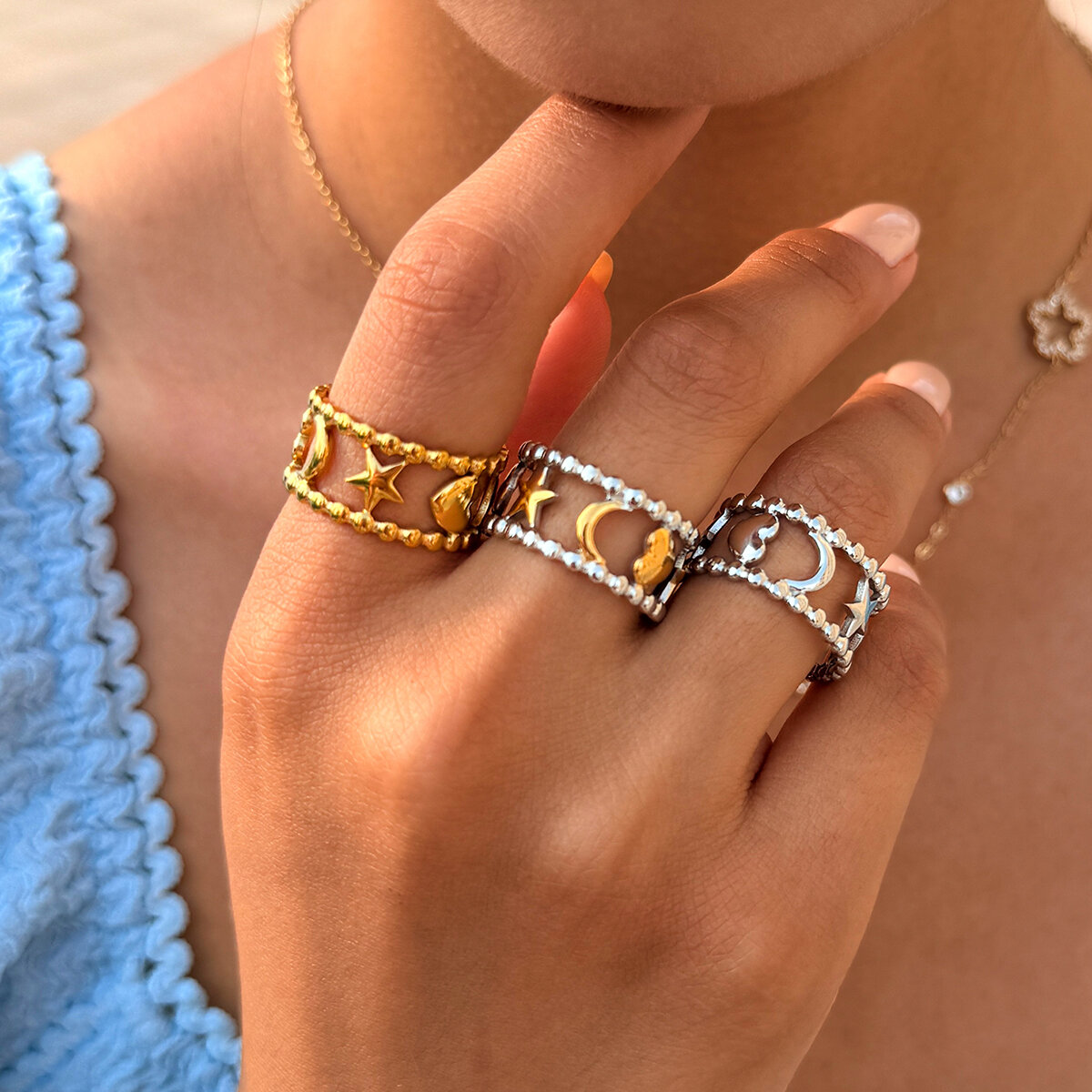Simple Series Daily Star Moon Stainless Steel Waterproof   Gold Color  Ring Sets Picture3