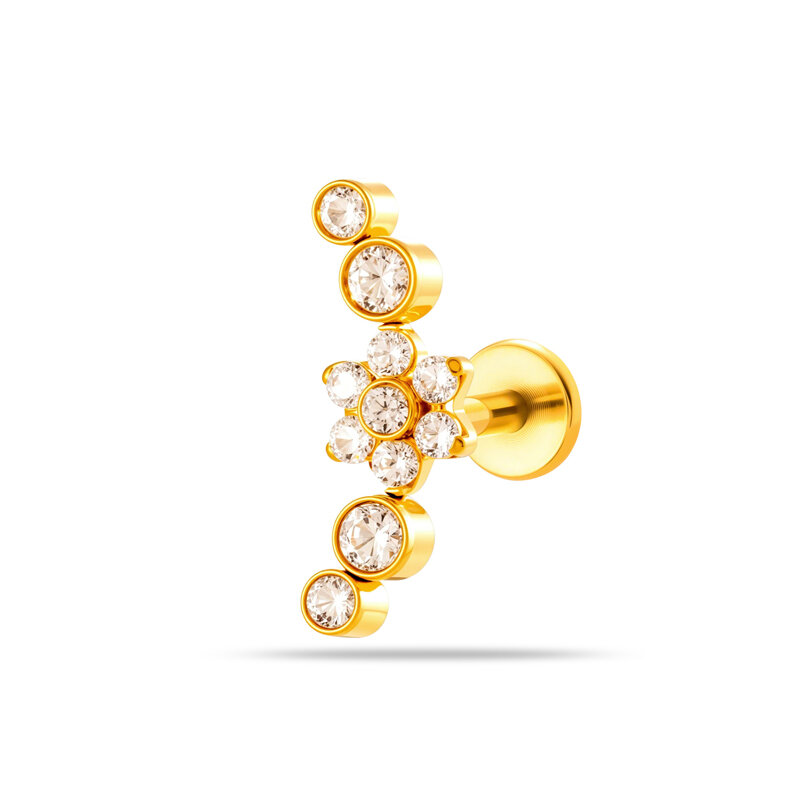 Orecchini da piercing da donna semplici, a forma geometrica con fiocco di fiore, in lega di titanio color oro e zirconi.