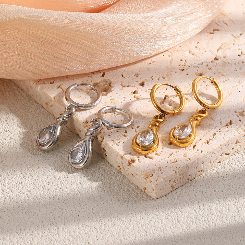 Simple Droplet Stainless Steel Waterproof Gold Color Zircon Women's Hoop Earrings 2