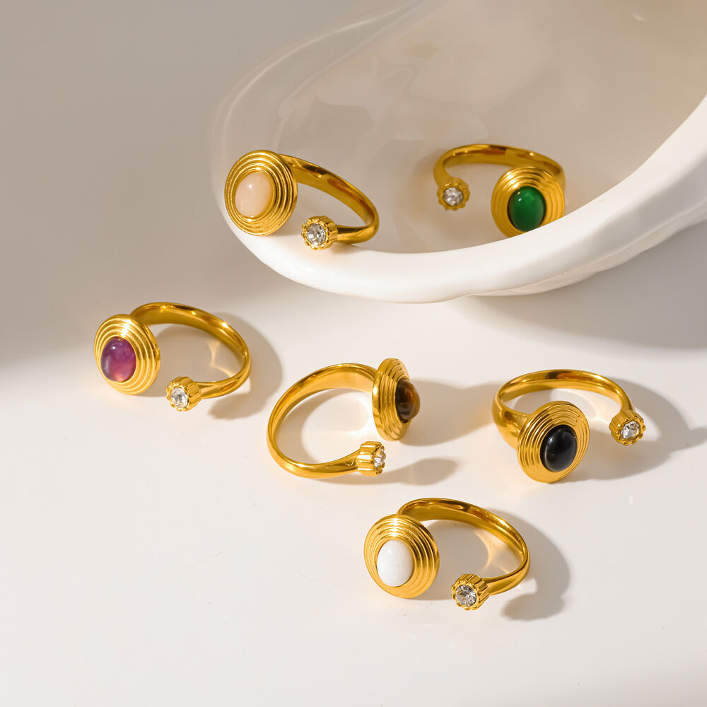 Retro Geometric Shape Stainless Steel Waterproof Gold Color Rhinestone Natural Stone Rings h5Picture2