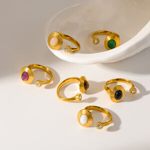 Retro Geometric Shape Stainless Steel Waterproof Gold Color Rhinestone Natural Stone Rings h5 Picture2