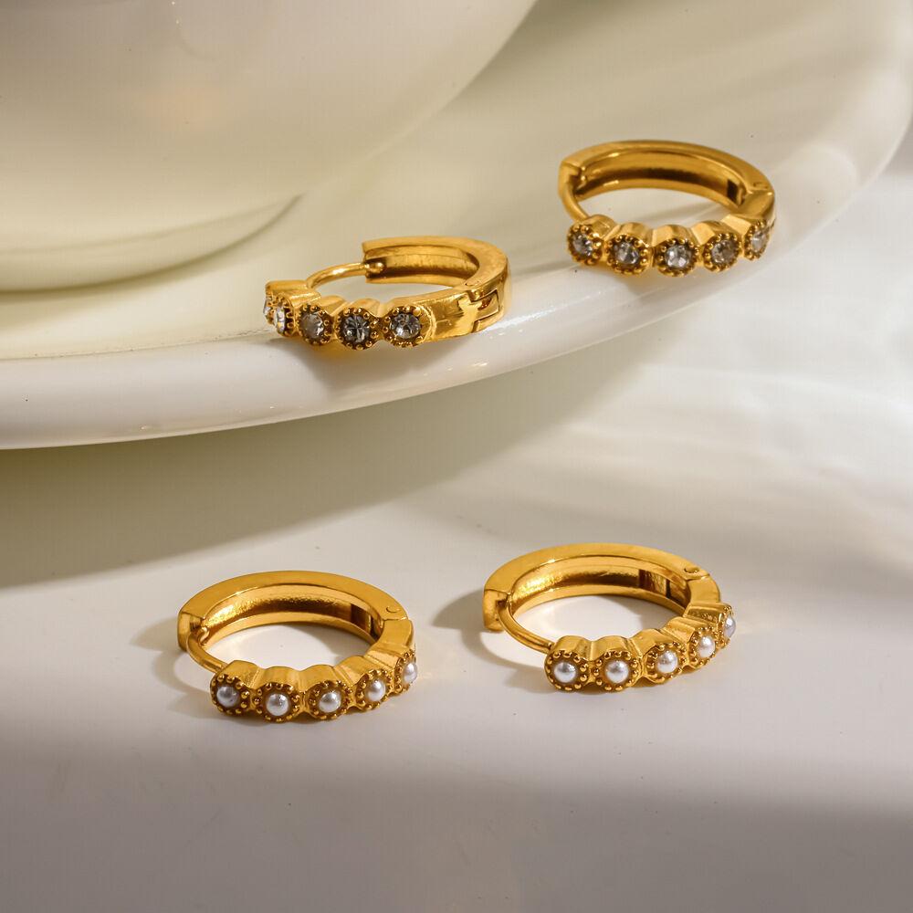 Simple Stainless Steel Waterproof Gold Color Rhinestone Artificial Pearl Women's Hoop Earrings
