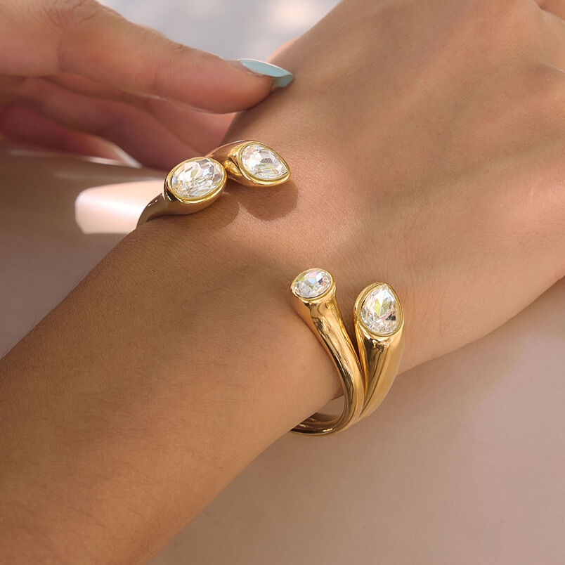 Simple Droplet Lines Stainless Steel Waterproof Gold Color Women's Cuff Bracelets 2