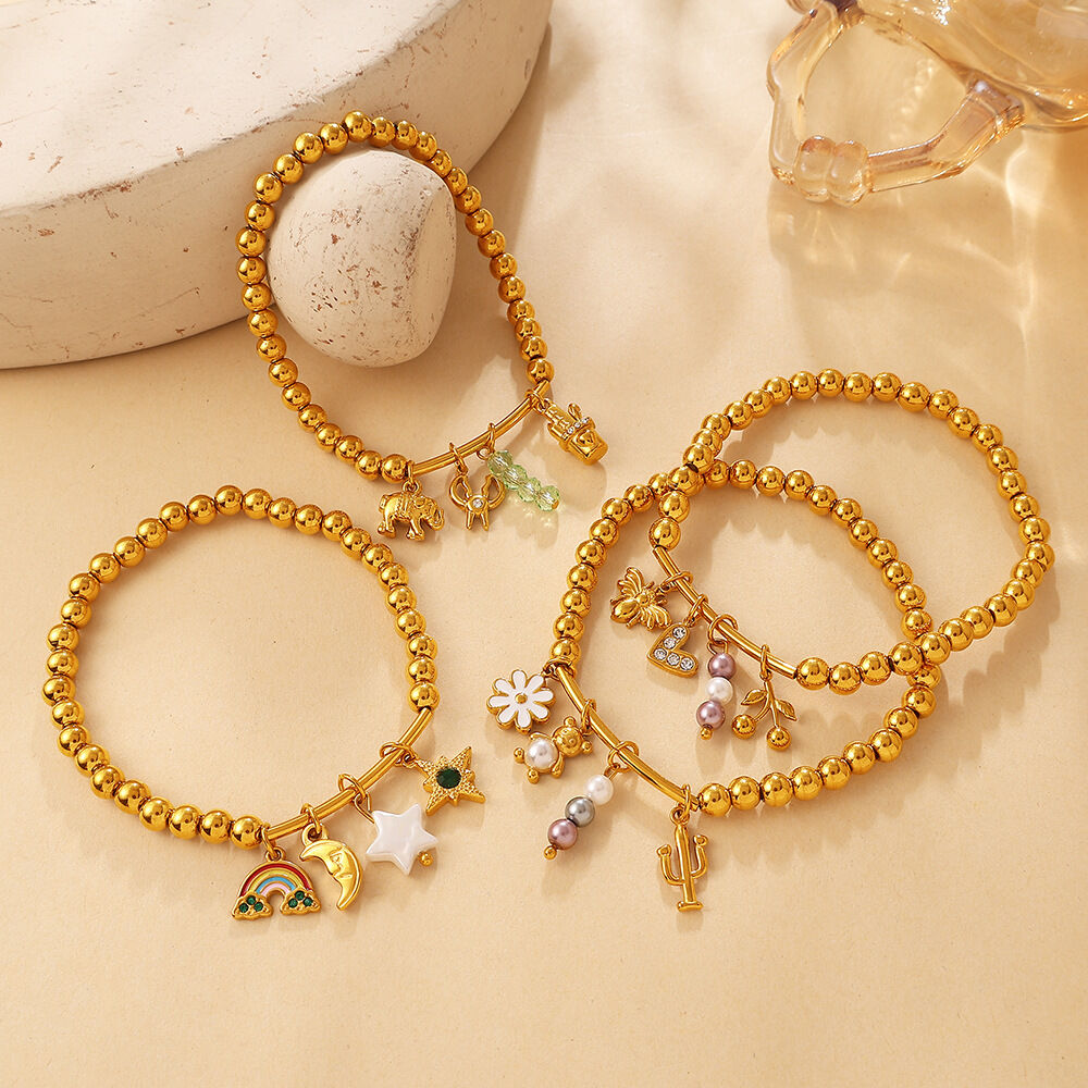 Simple  Daily Flower  Heart Animal Star Stainless Steel Waterproof   Gold Color  Women's Charm Bracelets 2