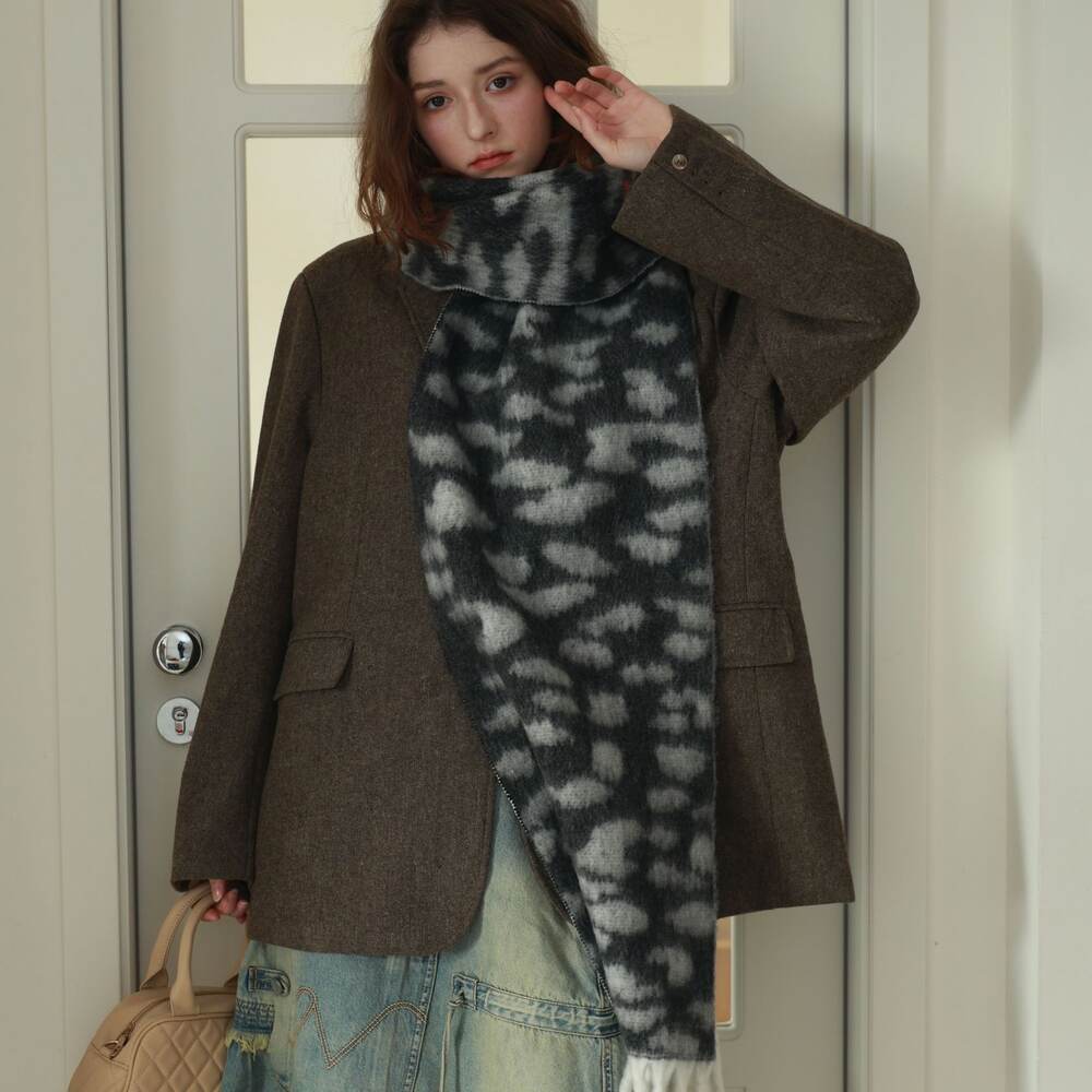Simple Serisi Retro Leopar Desenli Püsküllü Yün-Polyester Karışımı Kışlık Şallar Resim3