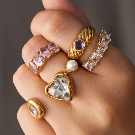 Luxurious Simple Heart Rectangle Stainless Steel Waterproof Gold Color Zircon Women's Gemstone Rings 2