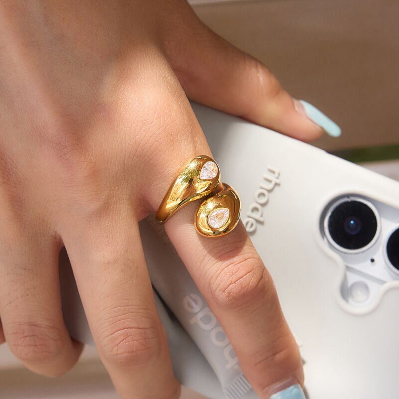 Simple Ellipse Shape Stainless Steel Waterproof Gold Color Zircon Women's Gemstone Rings Picture3