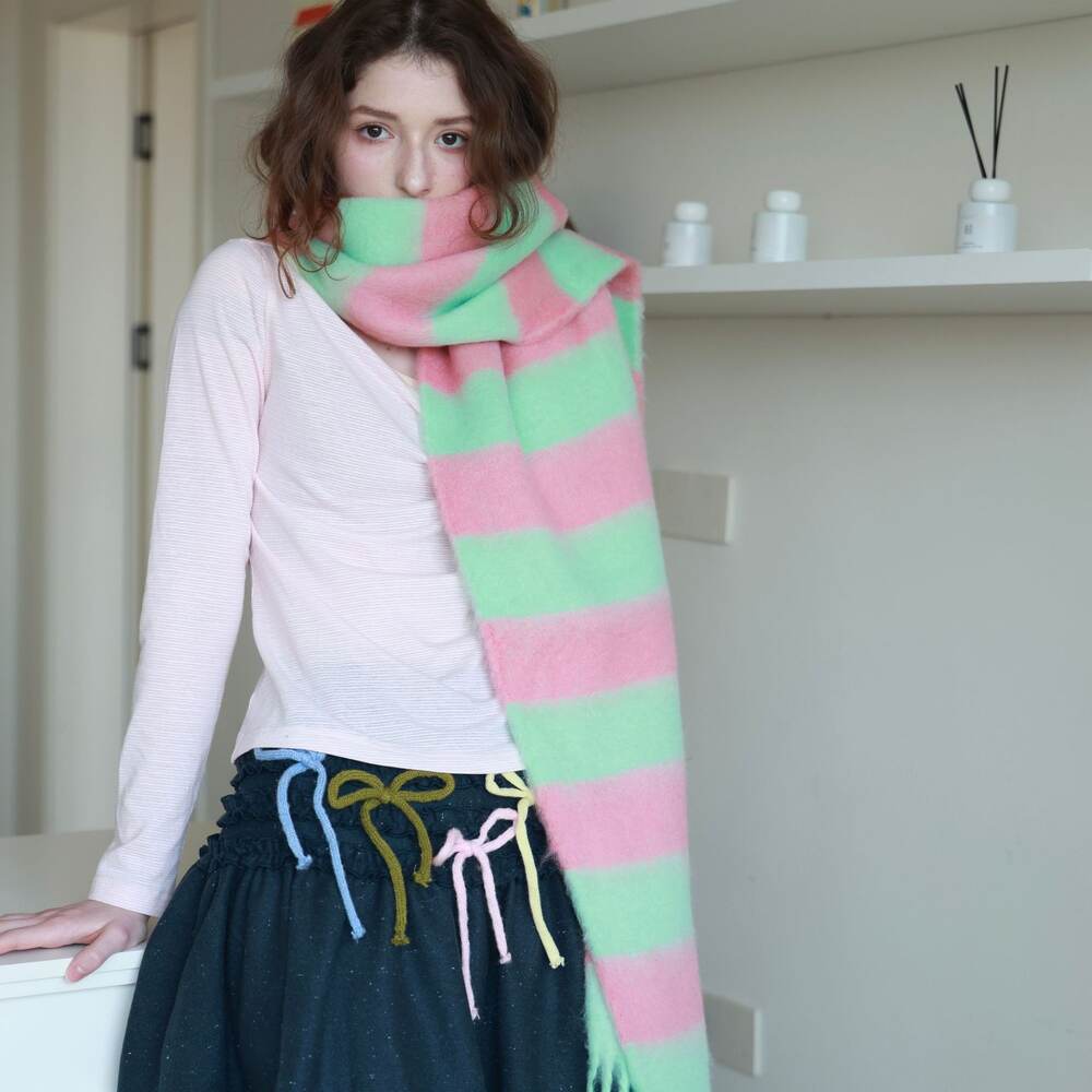Simple Serisi Günlük Çizgili Püsküllü Karışık Renkli Yün-Polyester Karışımı Kışlık Şallar Resim3