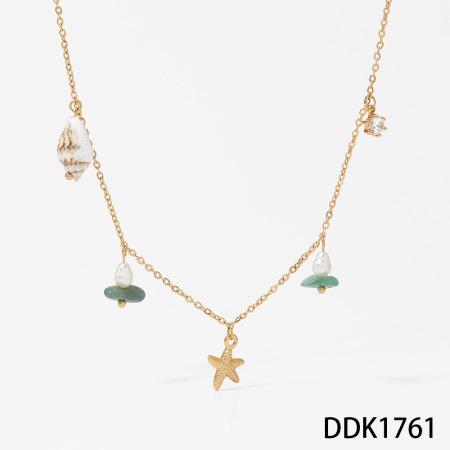 Collares con colgante de estrella de mar estilo oceánico, de acero inoxidable, color dorado, resistente al agua, con piedra natural y circonita, para mujer.