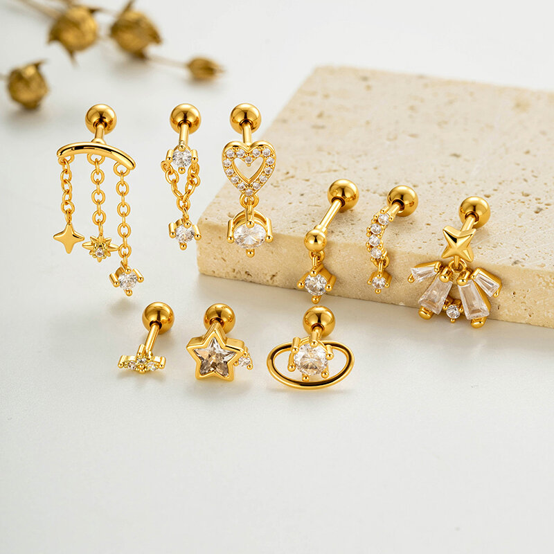 Einfache Ohrstecker für Damen mit Herz- und Sternmotiv in Kupfer- und Goldfarbe mit Zirkonia h5 Bild4