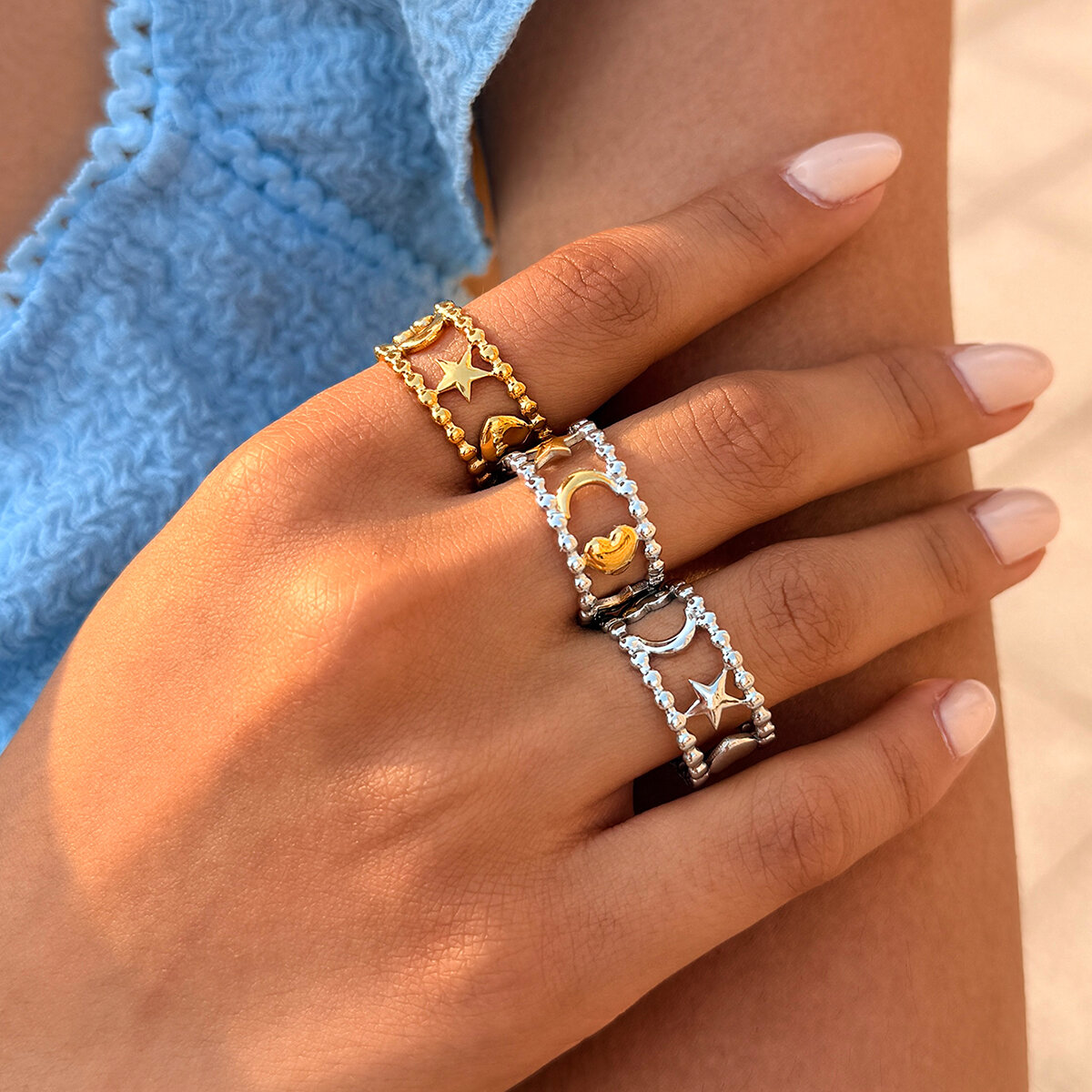 Simple Series Daily Star Moon Stainless Steel Waterproof   Gold Color  Ring Sets h5 Picture4