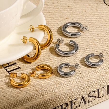 Classic C-shape Stainless Steel Waterproof Gold Color Women's Stud Earrings 2