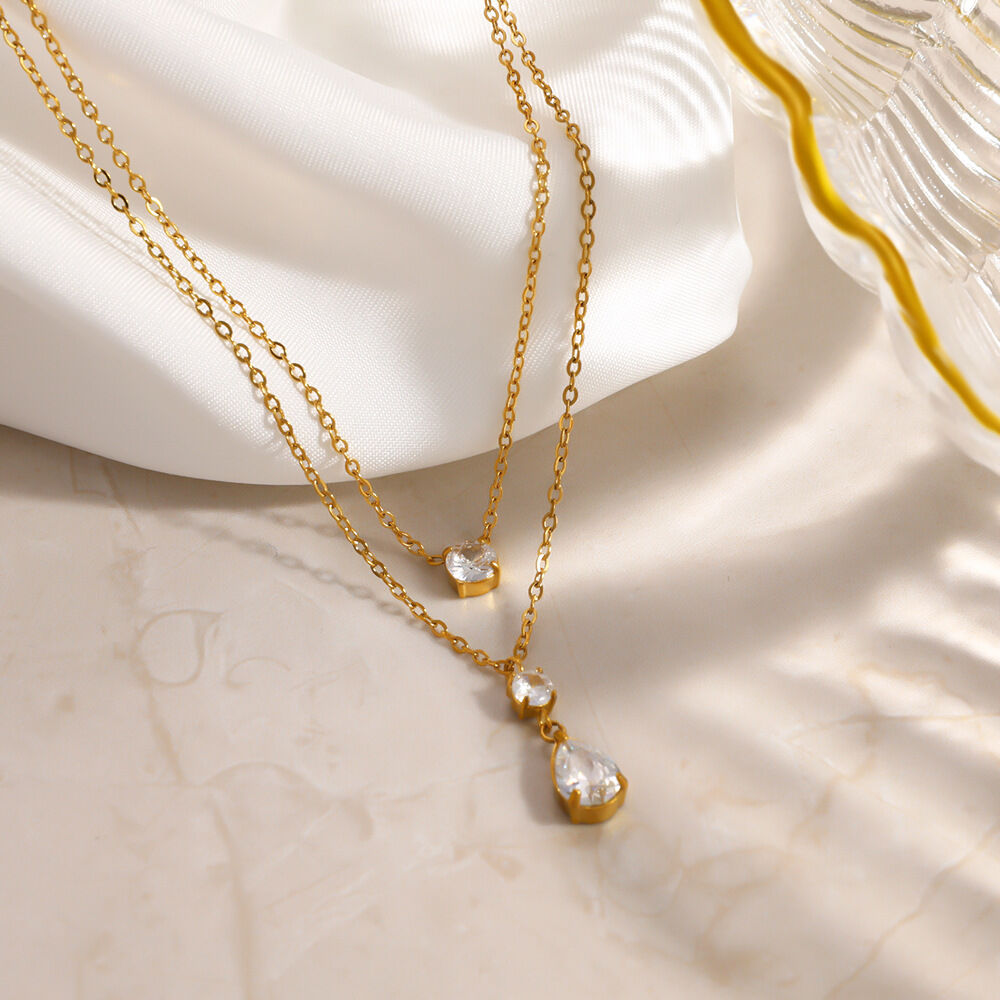 Luxurious Series Elegant Droplet Stainless Steel Waterproof   Gold Color  Zircon Women's Pendant Necklaces 2