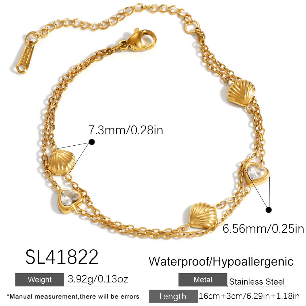 Simple Series Casual Heart Shell Stainless Steel Waterproof   Gold Color  Zircon Women's Chain Bracelets 