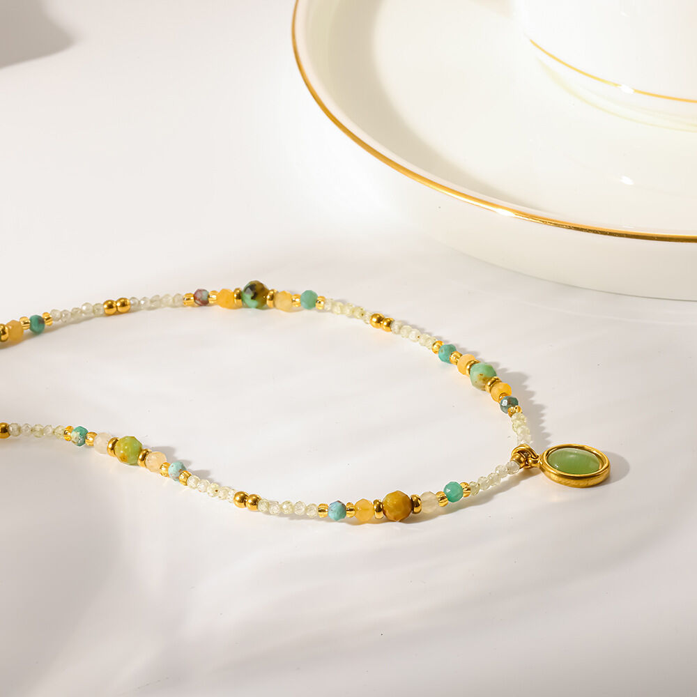 Classic Series Retro Ellipse Shape Natural Stones Gold Color Natural Stone Women's Beaded Necklaces Picture4