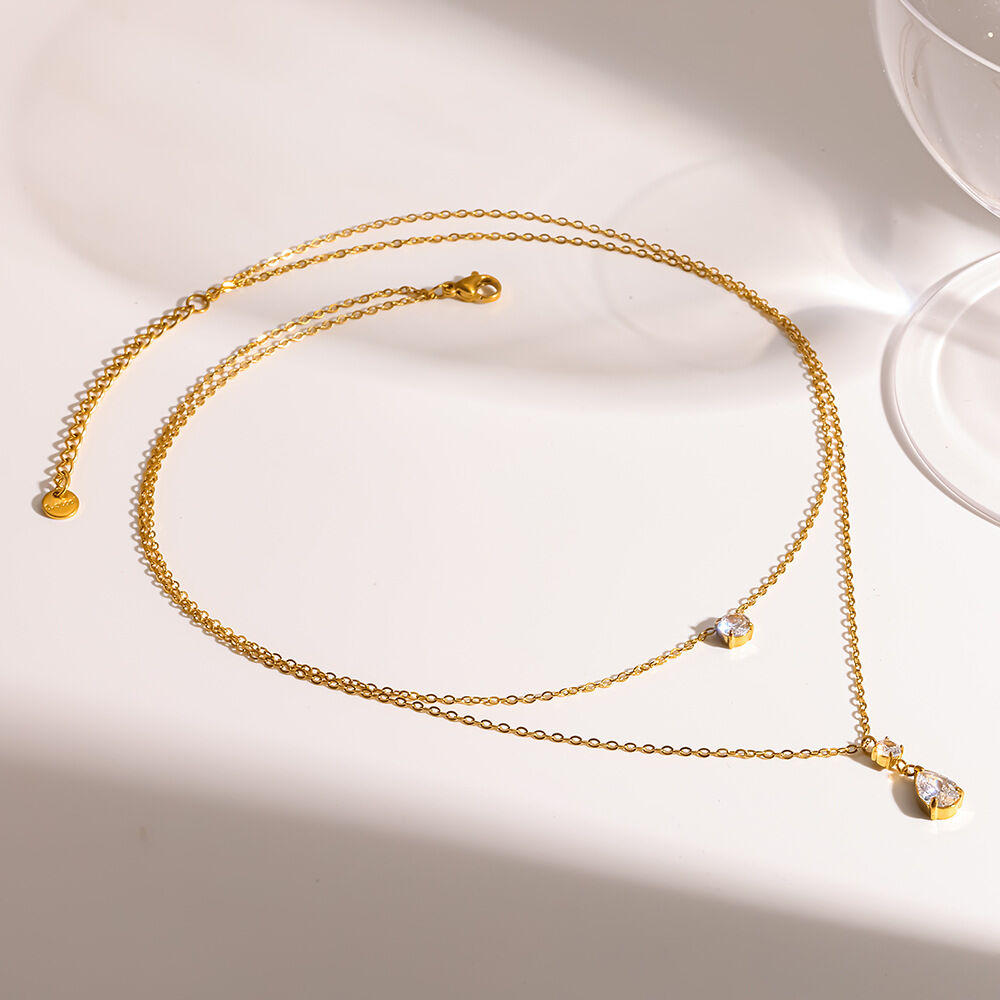 Elegant Droplet Shape Stainless Steel Waterproof Gold Color Zircon Women's Layered Necklaces h5 Picture3