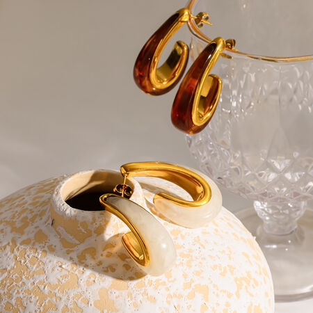Retro C-shape Stainless Steel Waterproof Gold Color Acrylic Women's Stud Earrings 2