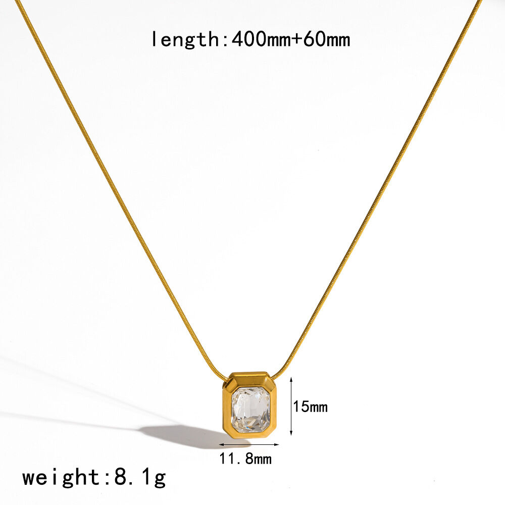 Simple Rectangle Geometric Shape Stainless Steel Waterproof Gold Color Zircon Women's Necklace Set 