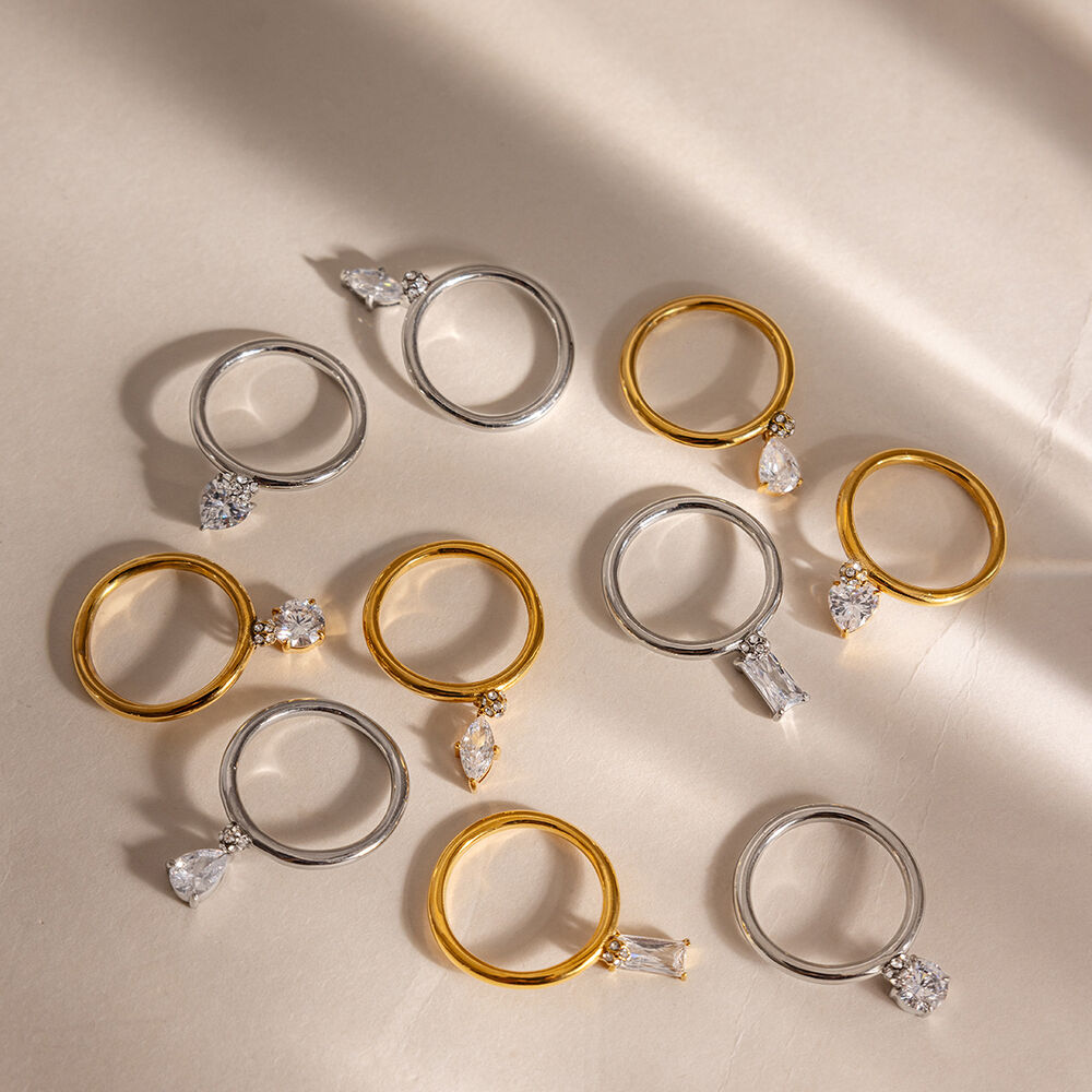Geometric Shape Stainless Steel Waterproof Gold Color Zircon Women's Gemstone Rings Picture2