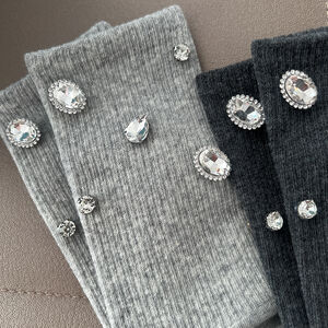 Elegant Solid Color Geometric Pattern Hot Rhinestones Mid-Calf Socks h5 Picture3