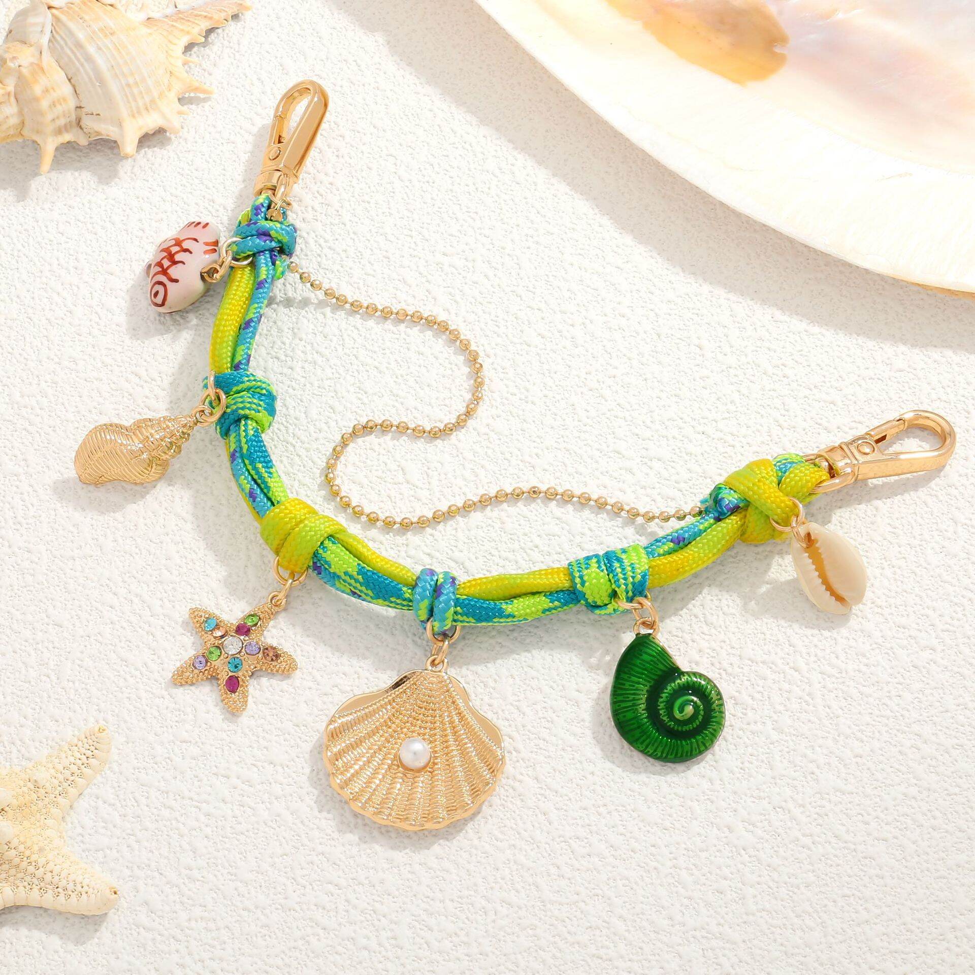 Luxurious Series Casual Oceanic Style Woven Shell Fish Starfish Gradient Color Braided Rope Rhinestone Bag Charms