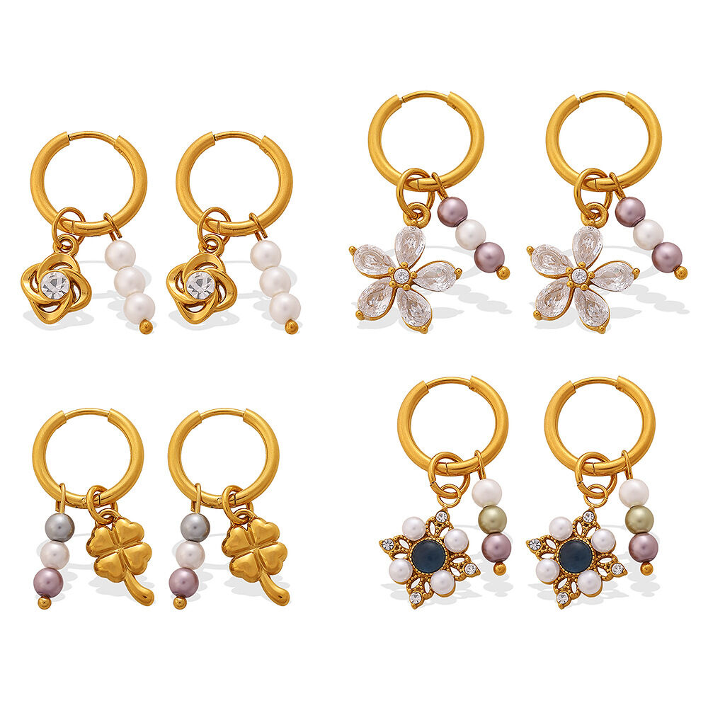 Blumen-Kleeblatt-Ohrhänger aus Edelstahl, wasserdicht, goldfarben, mit Strass und Zirkonia h5Bild4