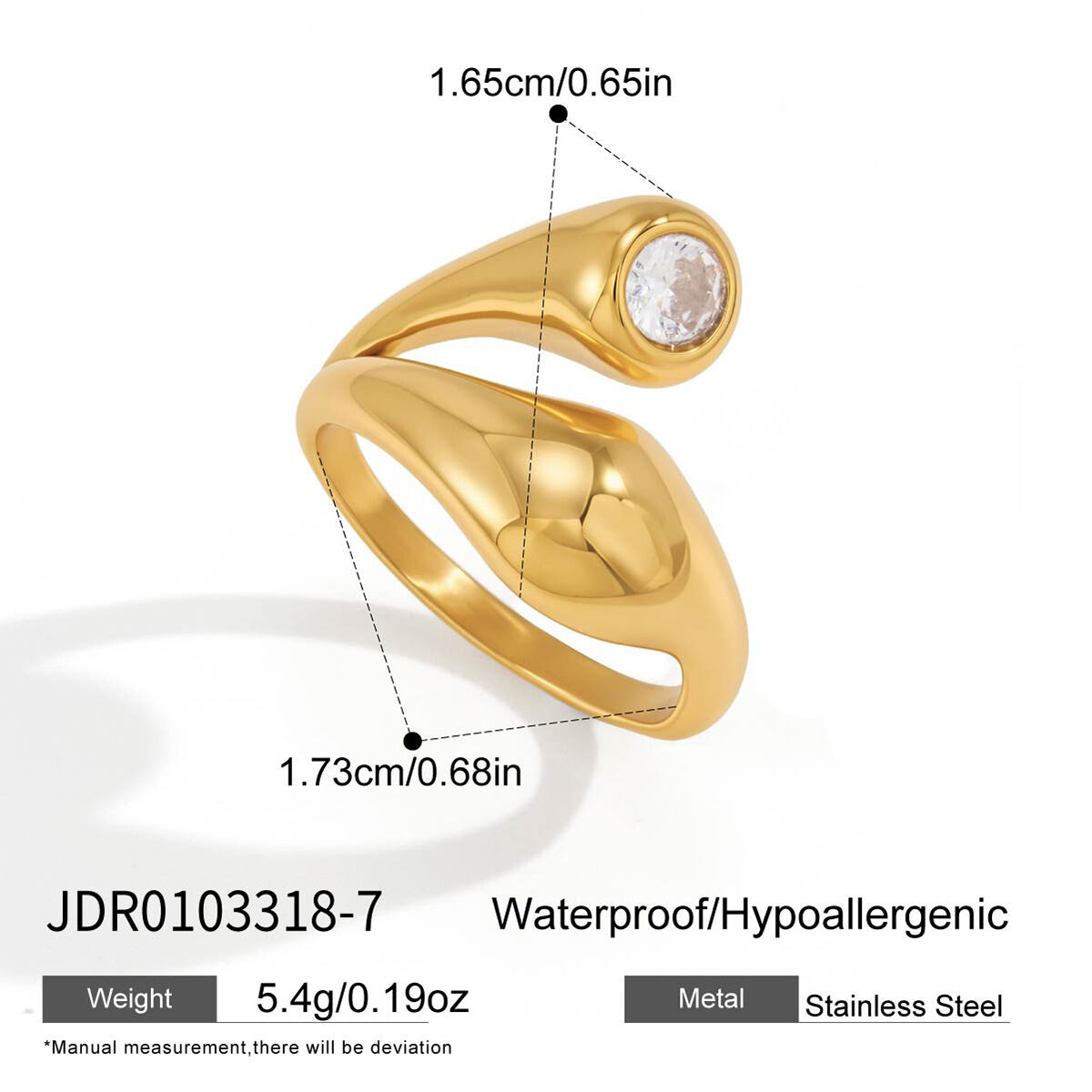 Simple Irregular Shape Stainless Steel Waterproof Gold Color Zircon Women's Gemstone Rings 