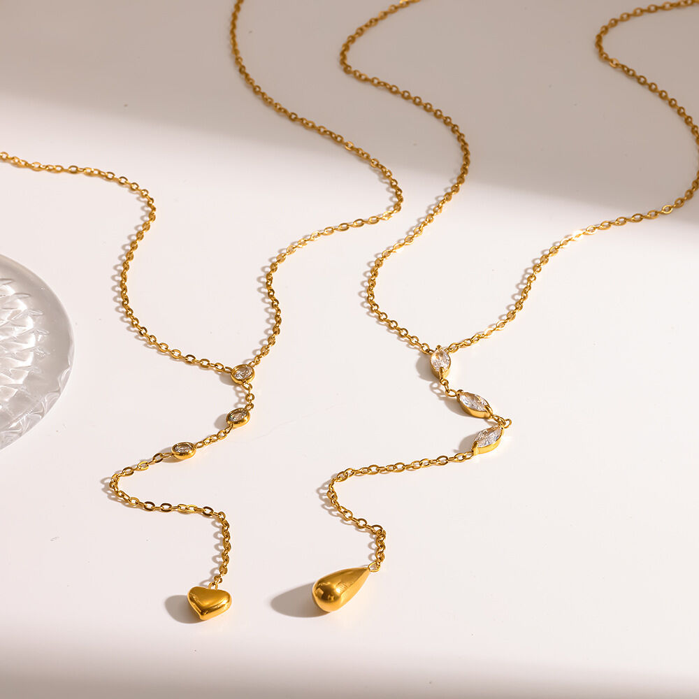 Elegant Droplet Heart Geometric Shape Stainless Steel Waterproof  Gold Color Zircon Women's Pendant Necklaces