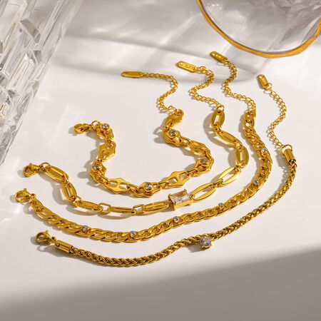 Geometric Shape Stainless Steel Waterproof Gold Color Rhinestone Women's Chain Bracelets