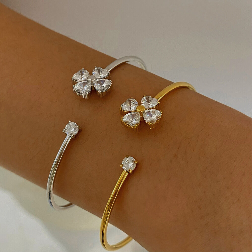 Flower Heart Stainless Steel Waterproof Gold Color Zircon Women's Cuff Bracelets h5Picture2