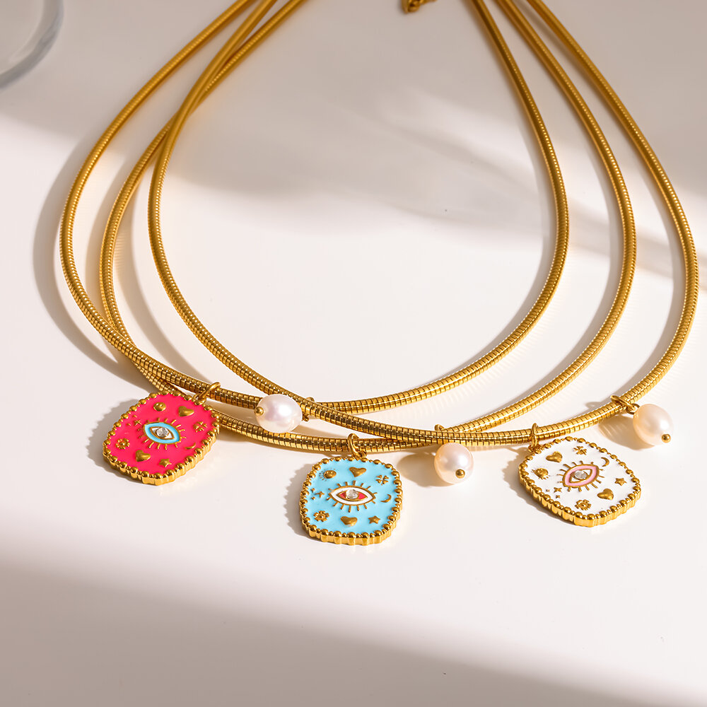 Enamel Devil's Eye Stainless Steel Waterproof Gold Color Women's Pendant Necklaces 2