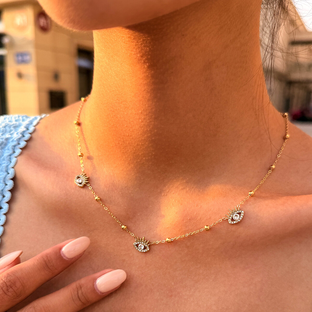 Simple Series Daily Devil's Eye Stainless Steel Waterproof  Gold Color  Zircon Women's Pendant Necklaces Picture4