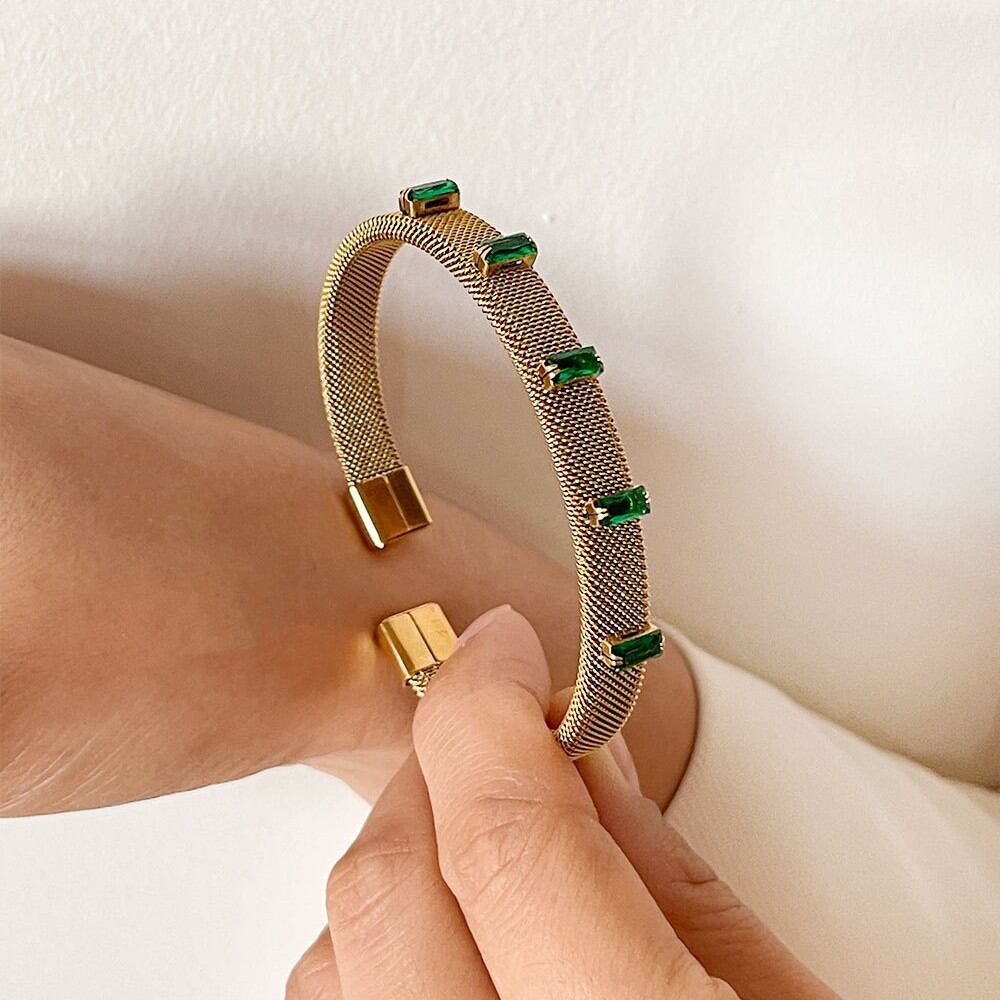 Luxurious Series Retro Rectangle Stainless Steel Waterproof Gold Color Zircon Women's Cuff Bracelets h5 Picture3